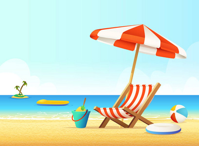 日光浴和雨伞在沙滩上。夏日海景观