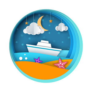船舶, 纸张景观, 海, 云, 明星卡通插图