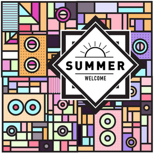 时尚欢迎夏季卡在孟菲斯风格与抽象的彩色纹理。 设计假期海报卡宣传册和促销模板。