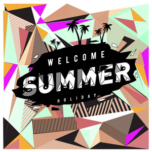 时尚的夏季卡在孟菲斯风格与棕榈树在抽象的彩色纹理。 设计假期海报卡宣传册和促销模板。