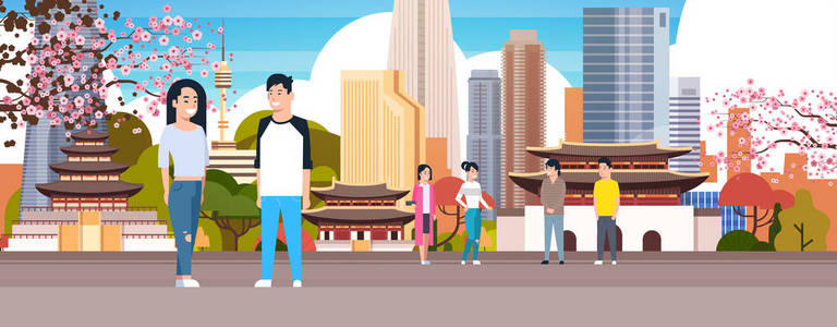 韩国夫妇首尔城市背景与摩天大楼和地标旅游韩国概念