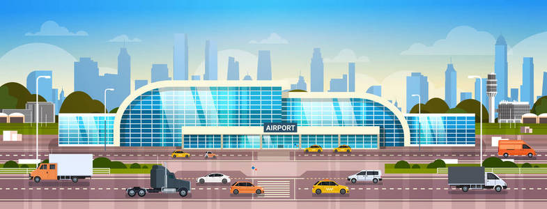 机场大厦外部现代终端与汽车在高路和摩天大楼在背景水平横幅