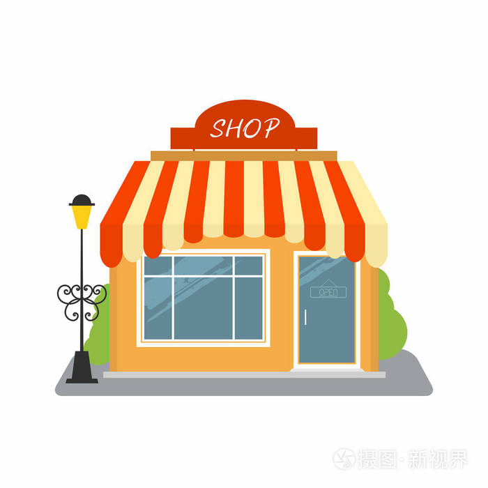 有屋顶和灯的小建筑.您可以简单地更改招牌上的文本.矢量图