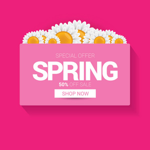 矢量春季销售设计模板横幅或粉红色背景标签。抽象春季销售粉红色标签或背景与美丽的花朵