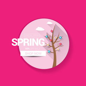 矢量春季销售设计模板横幅或粉红色背景标签。抽象春季销售粉红色标签或背景与美丽的花朵