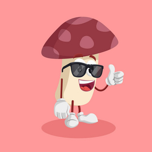 蘑菇吉祥物和背景拇指姿势与平面设计风格为您的吉祥物品牌。