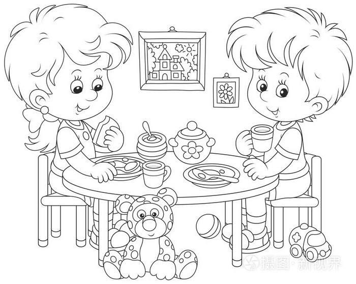 孩子们在幼儿园吃早餐时,用一幅黑白矢量插图,用一种有趣的卡通风格