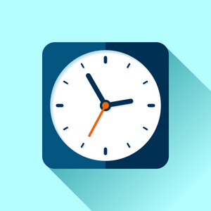 时钟图标在平面风格的方形计时器在蓝色背景。 商业手表。 你项目的矢量设计元素