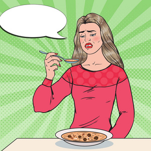 流行艺术的妇女吃汤与恶心的脸。无味的食物。矢量插图