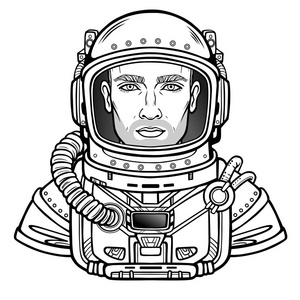 穿着太空服的宇航员的年轻迷人男子的动画肖像。 在白色背景上隔离的矢量插图。 用于着色博克。 打印海报T恤卡。