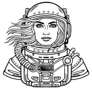 穿着宇航服的年轻迷人女宇航员的动画肖像。 头盔是开放的头发颤振。 矢量插图隔离。 用于着色博克。 打印海报T恤卡。
