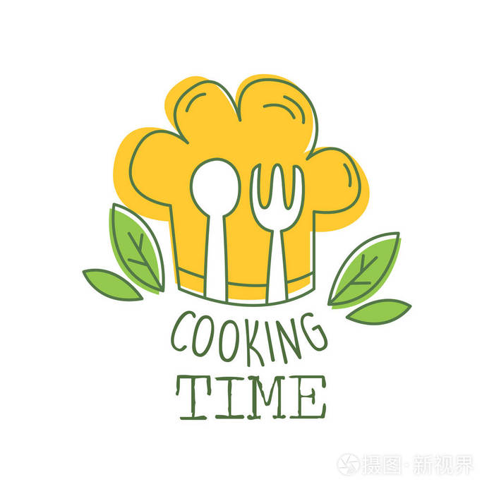 烹饪手工绘制的标志原设计与绿叶, 橙色厨师的帽子, 叉子和勺子.