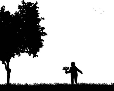 一个男孩在公园的剪影中带着郁金香花束奔跑，一幅类似的画面