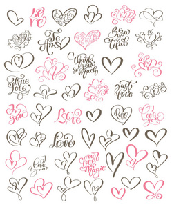 大集合手写文字关于爱到情人节和心脏设计海报, 贺卡, 相册, 横幅, 蓬勃发展的书法矢量插画收藏