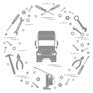 修理汽车 卡车, 扳手, 螺丝, 钥匙, 钳子, 千斤顶, 锤子