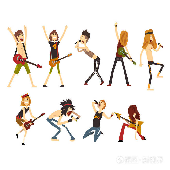 摇滚艺术家的字符集.年轻音乐家与电吉他和话筒.