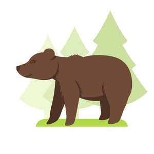 形象以扁平的风格卡通熊在草地上和背景中种植树木
