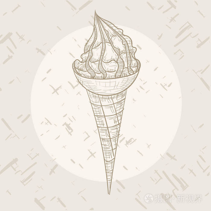素描的冰淇淋与复古效果.甜圆锥形, 好吃和新鲜的夏天