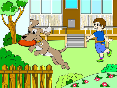玩一个男孩在大自然中与狗飞盘彩色书籍儿童卡通矢量