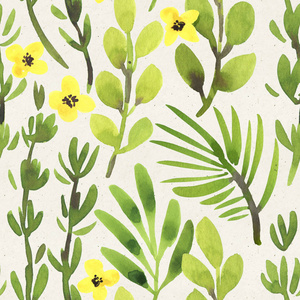 无缝水彩花图案在纸张纹理上。 植物背景。