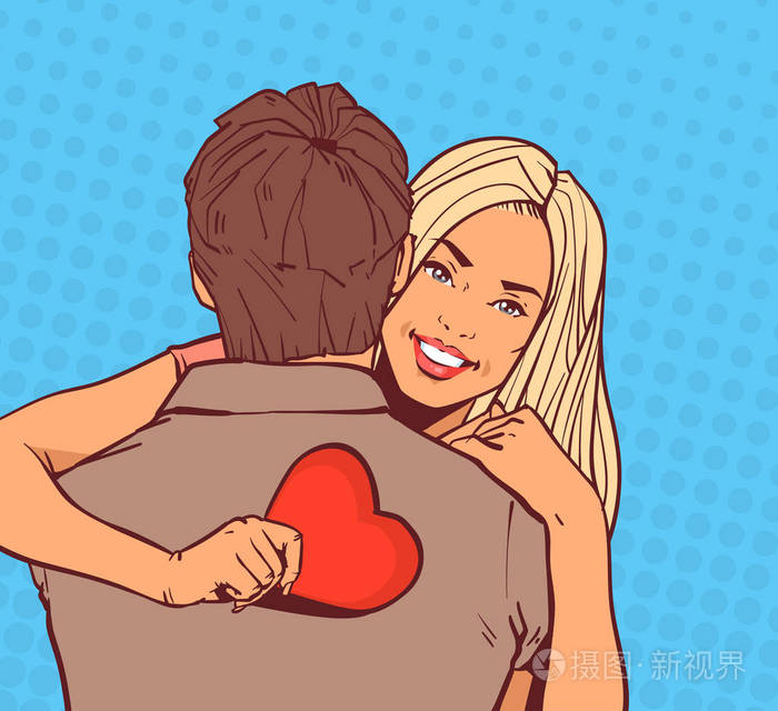 美丽的女孩拥抱男人抱着红色的心快乐微笑在漫画流行艺术背景情人节