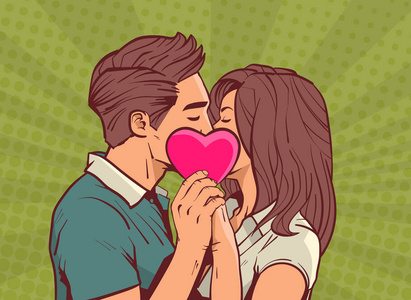 年轻情侣亲吻 Hollding 粉红色的心男人和女人在爱情漫画流行艺术风格情人节庆祝概念