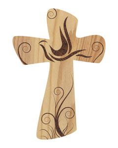 基督教十字架与鸽子在木头上。 宗教标志