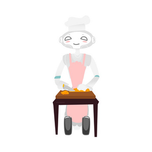 轮式机器人在厨师帽子和围裙烹调食物