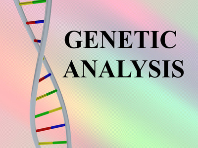 3D示意图的GENETIC分析脚本与DNA双螺旋，分离在彩色背景。