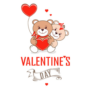 s Day. Teddy bears with hearts. Vector illustration.