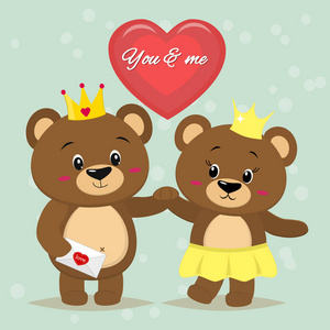 两只美丽的棕色熊头戴着皇冠站在他们的手上, 一颗红色的心在卡通风格
