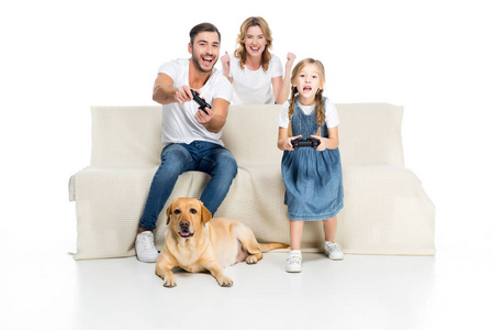 兴奋的家庭玩电子游戏，操纵杆，而狗坐在附近孤立的白色。