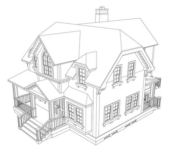 维多利亚风格的老房子。白色背景上的插图。轮廓线中的黑白插图。种类从不同的边
