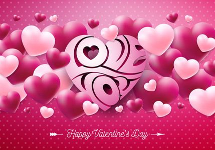 快乐情人节设计与红色的心在闪亮的粉红色背景。矢量婚礼和爱情主题插画贺卡, 聚会请柬或促销横幅
