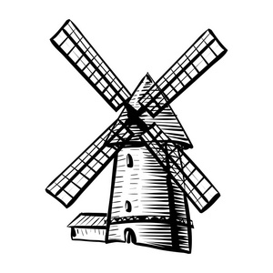 风车孤立在白色背景手绘素描风格插图。风车矢量单色轮廓图像