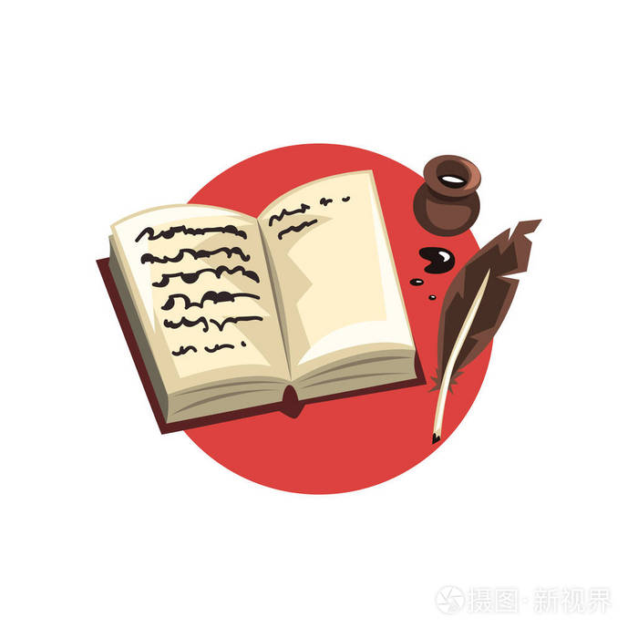 作家职业的符号, 复古的羽毛笔, 墨水和书卡通矢量插图