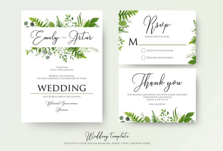 婚礼请柬, 花卉邀请, 谢谢, rsvp 现代卡设计 绿色蕨树叶绿叶, 桉树树枝, 森林树叶装饰框架打印。矢量高雅水彩乡村模板