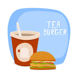 茶和汉堡快餐到外卖。矢量插图