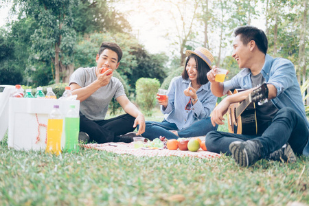 年轻的青少年团体一起在公园里野餐。 放松和休闲活动。