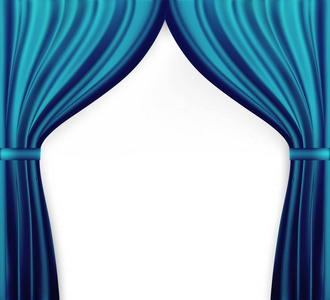 窗帘的自然主义形象, 拉开窗帘的蓝色颜色。矢量插图