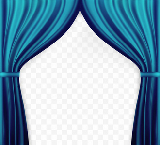 窗帘的自然主义形象, 打开窗帘的蓝色透明背景。矢量插图
