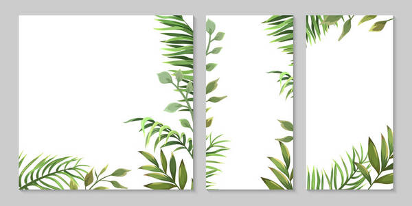 有棕榈树和其他树枝叶子的模板。 明信片婚礼邀请横幅等三种模板。