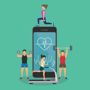 年轻的男人和女人站在附近的大智能手机与应用运动和健身跟踪心跳数据和获取脉搏率信息