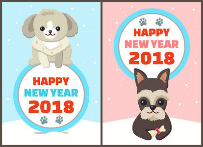 新年快乐2018狗设置矢量插图