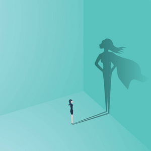 女实业家与超级英雄阴影矢量概念。解放雄心成功激励领导勇气和挑战的商业象征