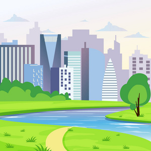绿色城市景观与道路, 河流和树木的矢量插图。平面风格的城市背景
