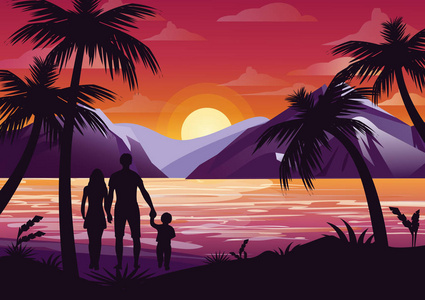 家庭剪影的媒介图与母亲父亲和孩子在海滩在棕榈树之下在日落背景和山在平的样式