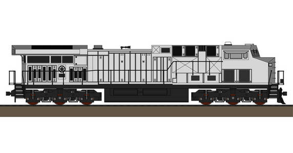 现代化的内燃机车, 具有强大的动力和力量, 可用于移动长重的铁路列车。带有轮廓描边线的矢量插图