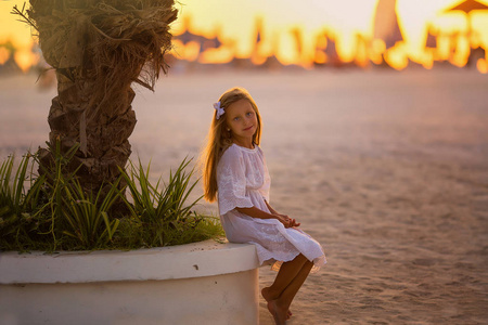 夕阳西下，一个长发女孩坐在沙滩上的棕榈树旁边