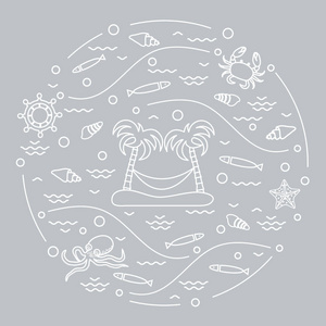 可爱的矢量插图与章鱼岛与棕榈树和吊床舵浪贝壳海星蟹排成一个圆圈。 横幅海报或打印的设计。